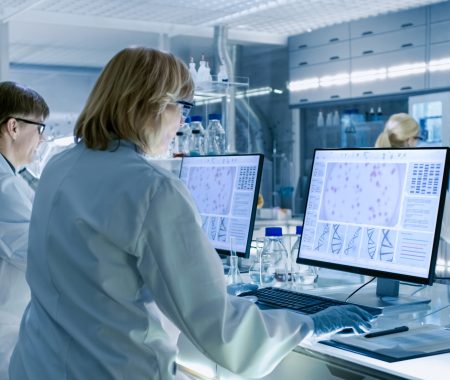 Female and Male Scientists Working on their Computers In Big Modern Laboratory. Various Shelves with Beakers, Chemicals and Different Technical Equipment is Visible.